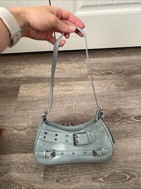 Light Blue Women's Shoulder Bag with Buckle Detail